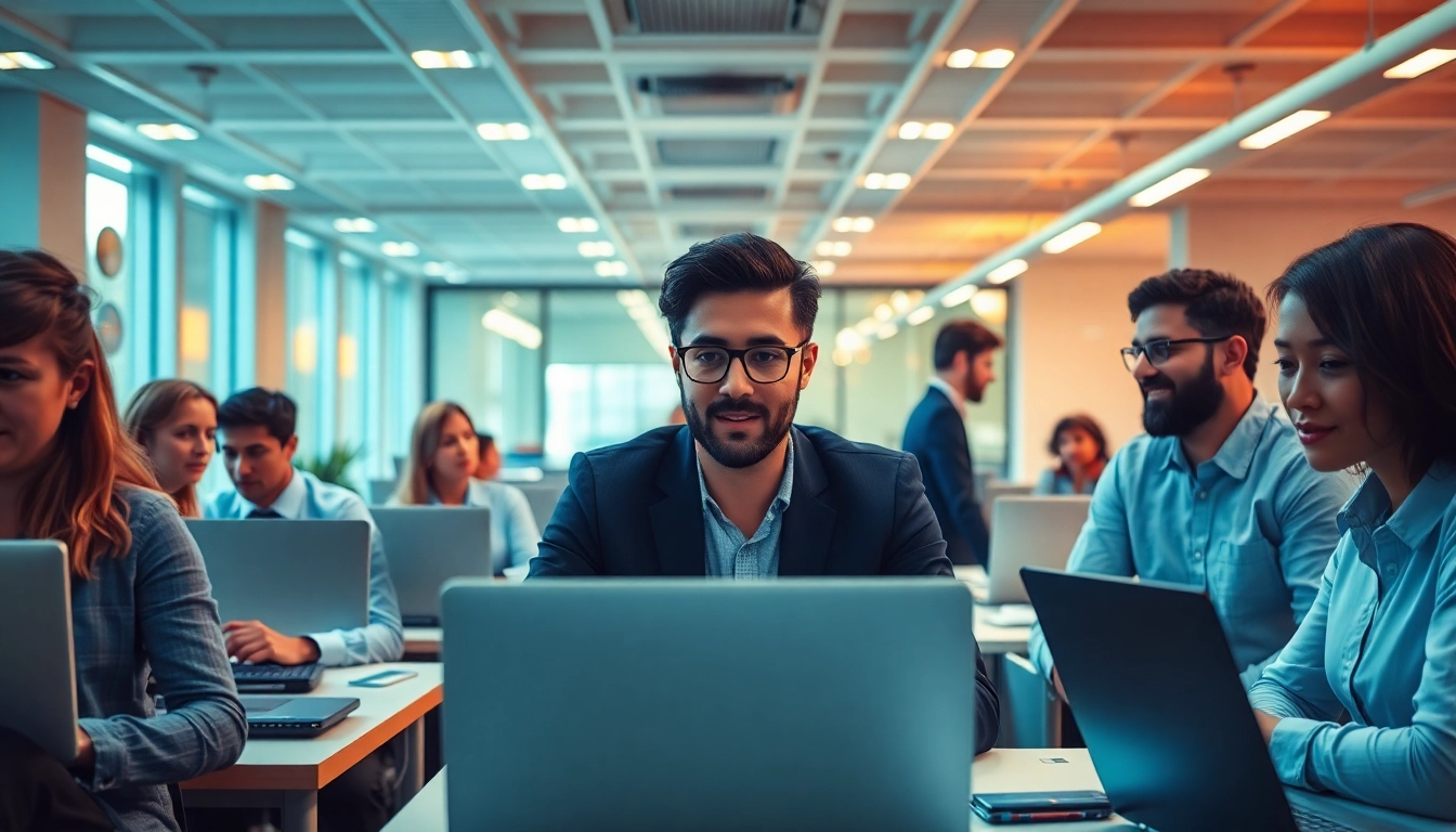 Outsourcing collaboration in a vibrant office setting, showcasing teamwork among diverse professionals.