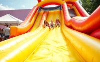 Excited kids enjoying a Slide rental at an outdoor event with colorful inflatable designs.