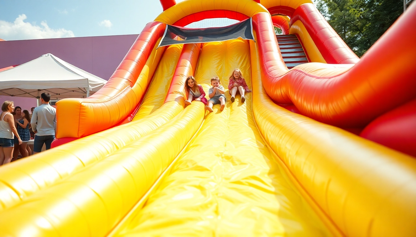 Excited kids enjoying a Slide rental at an outdoor event with colorful inflatable designs.