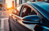 Hire a professional car with driver in Messina, featuring a sleek vehicle against a vibrant sunset.