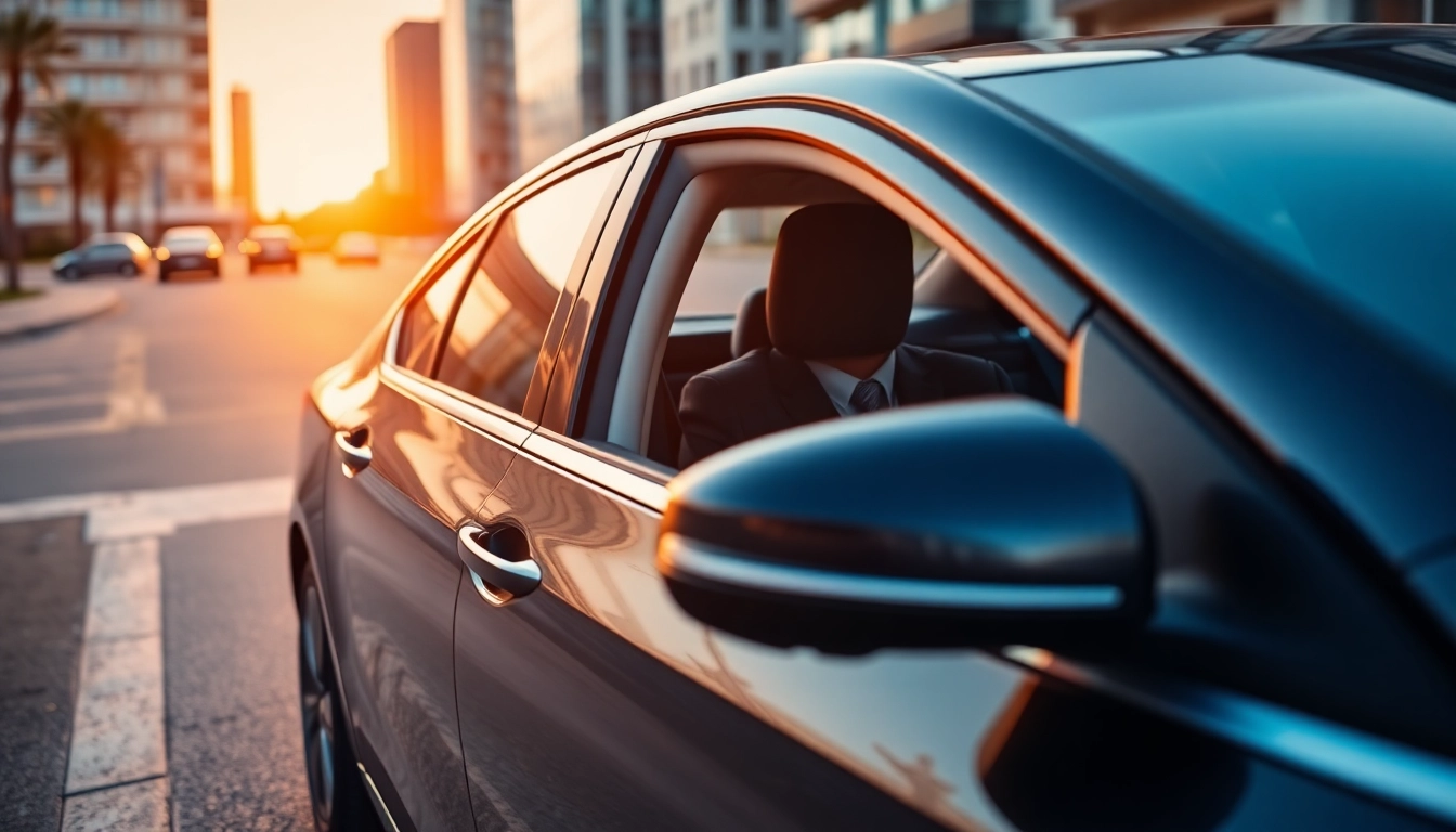 Hire a professional car with driver in Messina, featuring a sleek vehicle against a vibrant sunset.