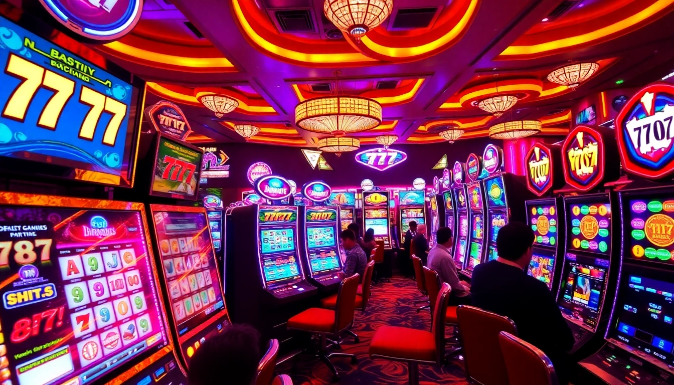 Experience the thrill of สล็อต777 in a bustling casino, with colorful slot machines and eager players.