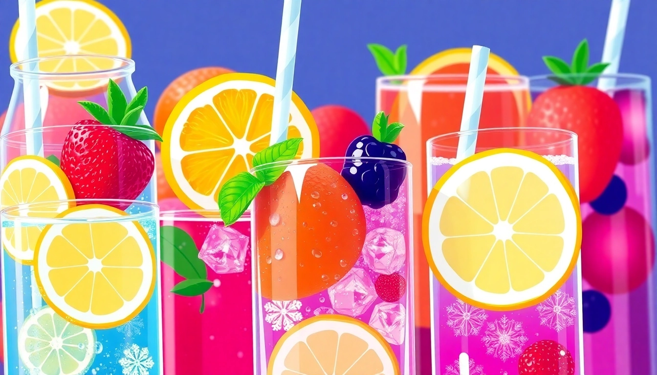 Refreshing electrolyte drinks infused with vibrant fruits like lemons and oranges, promoting hydration.