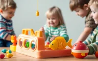 Kids enjoying a fishing game toy exhibit; Visit Here for fun playtime activities.