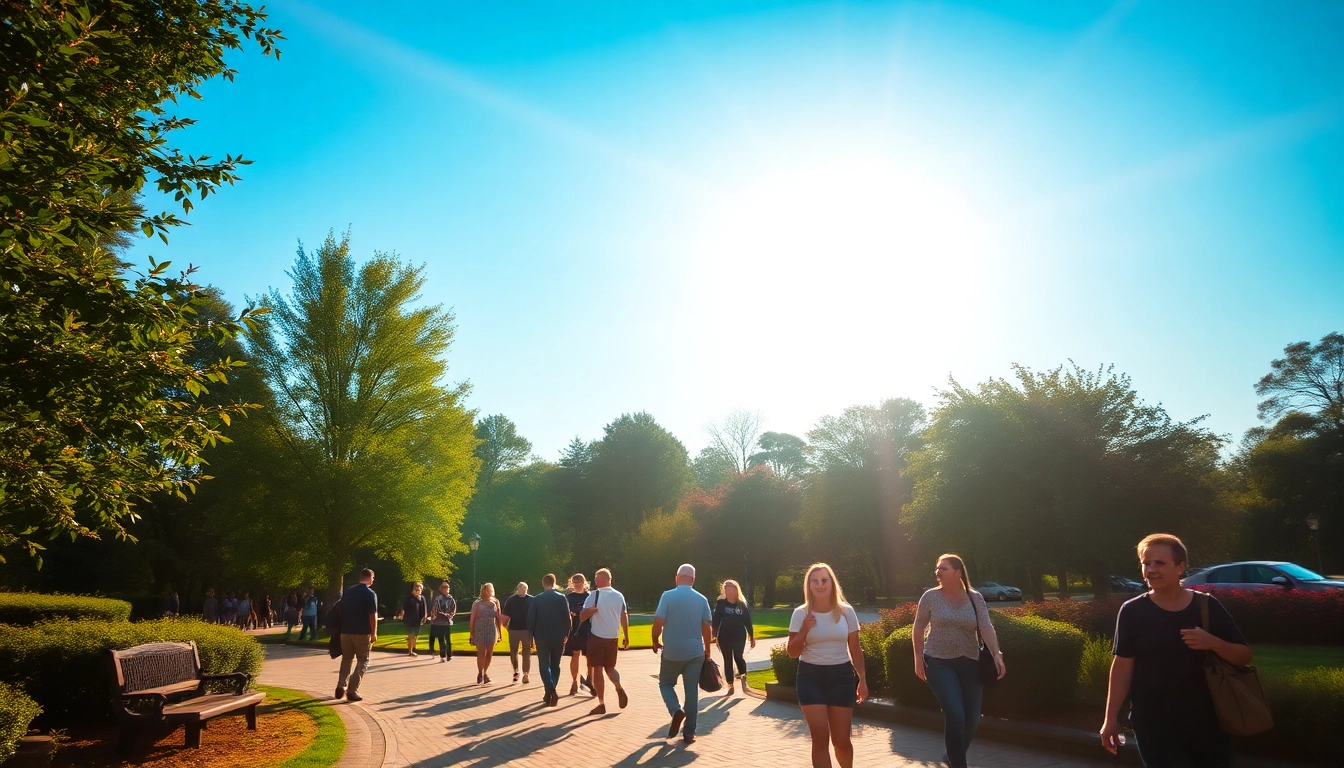 Visit Here to enjoy a vibrant park scene with people gathered under the sun.