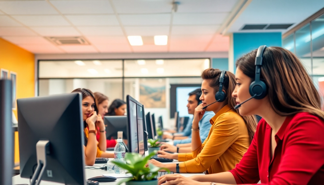 Engaged agents at a call center in Tijuana providing exceptional customer service in a vibrant office.