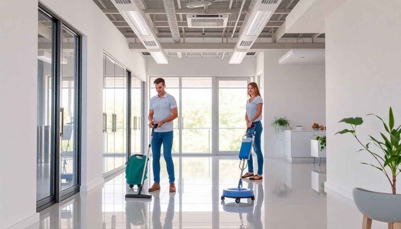 Professionals providing Jacksonville commercial cleaning services in a bright, pristine office environment.