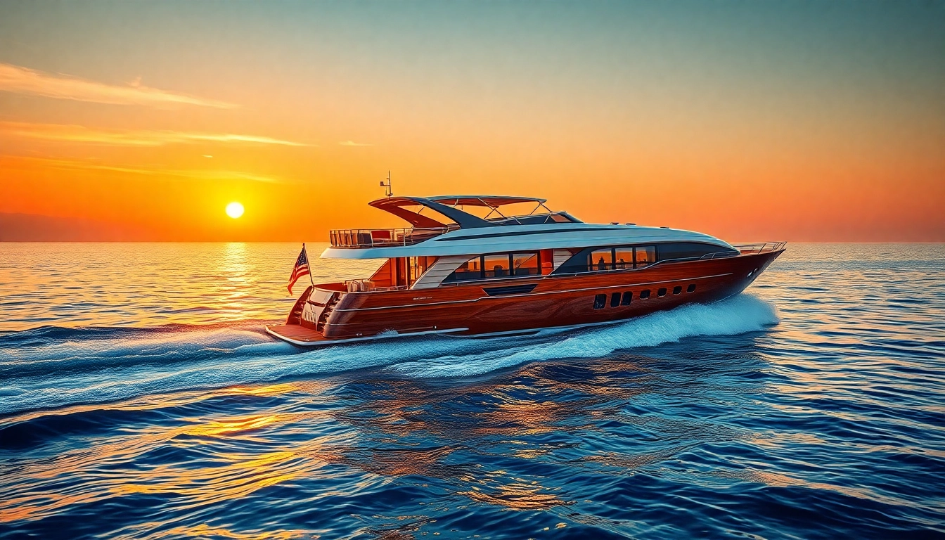 Experience a stunning cruising boat sailing into the sunset, highlighting its elegant design and tranquil surroundings.