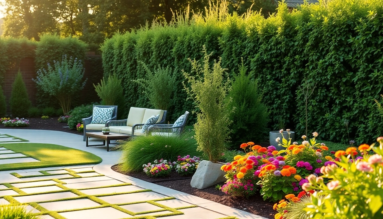 Showcasing a professional landscape design service with beautiful greenery and outdoor seating