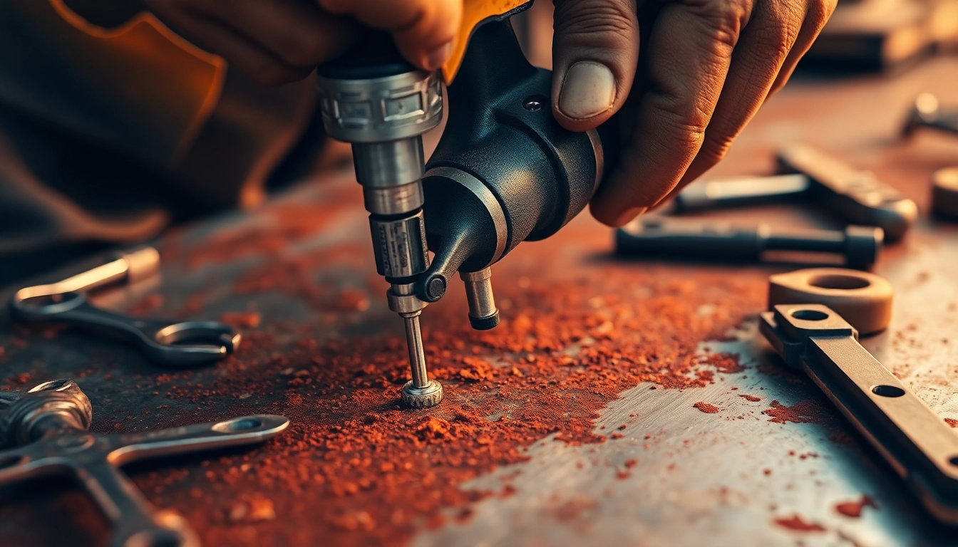 Using a powerful needle gun to efficiently remove rust from a metal surface.