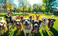 Experience joyful dogs playing at Kate's K9 Pet Care in a sunny dog park setting.