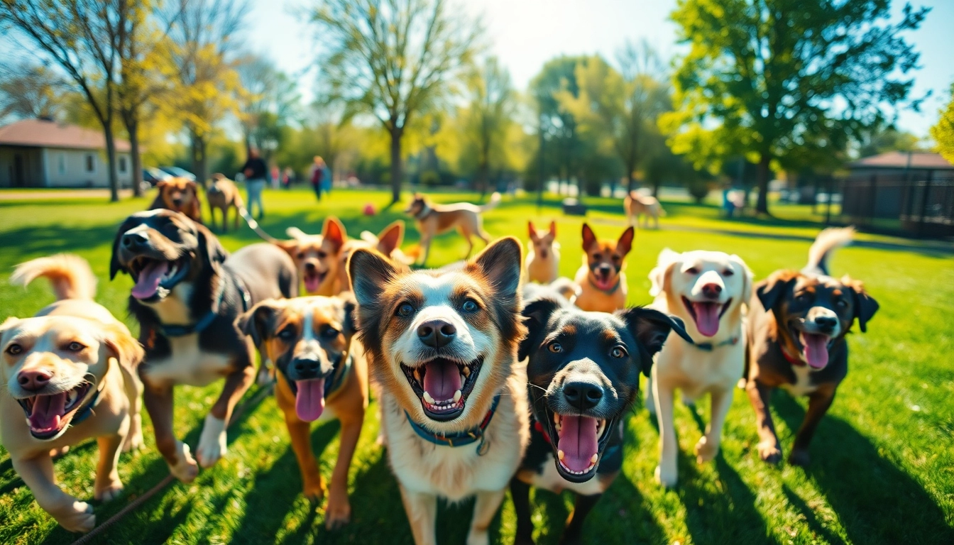 Experience joyful dogs playing at Kate's K9 Pet Care in a sunny dog park setting.