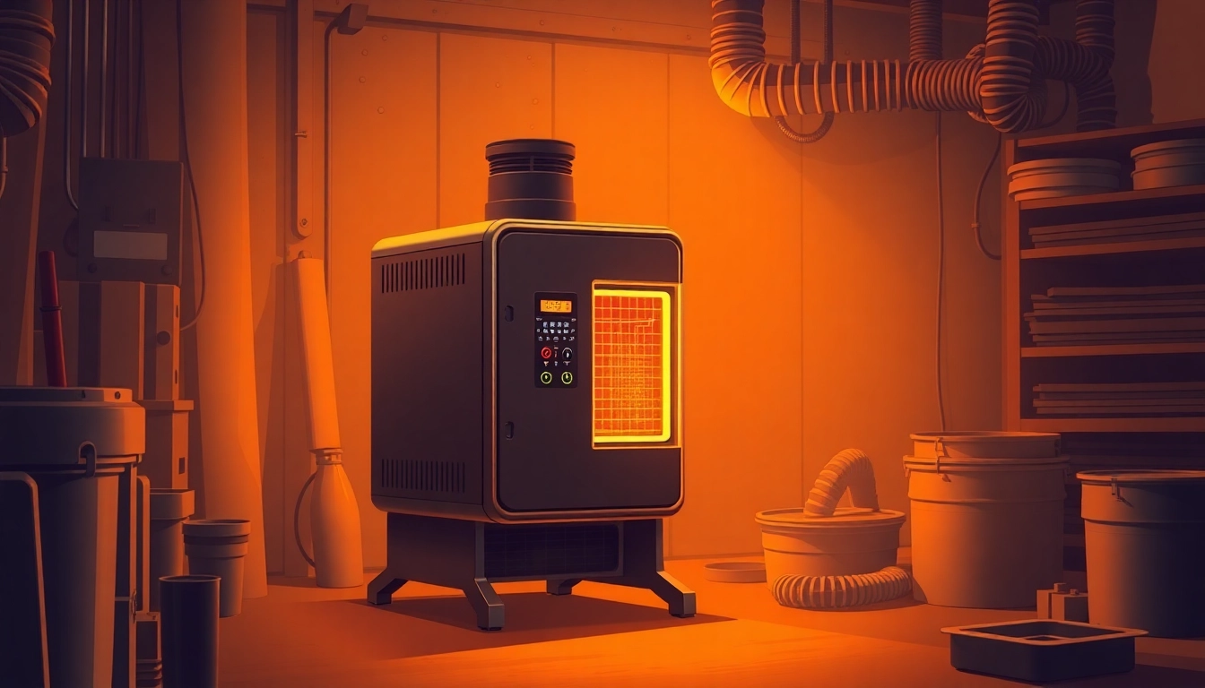 Efficient diesel heater warming a workspace with an LCD screen and a sleek design.