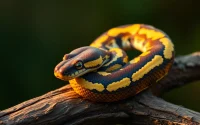 Captivating baby ball python basking on a branch, showcasing its beautiful golden and brown scales.