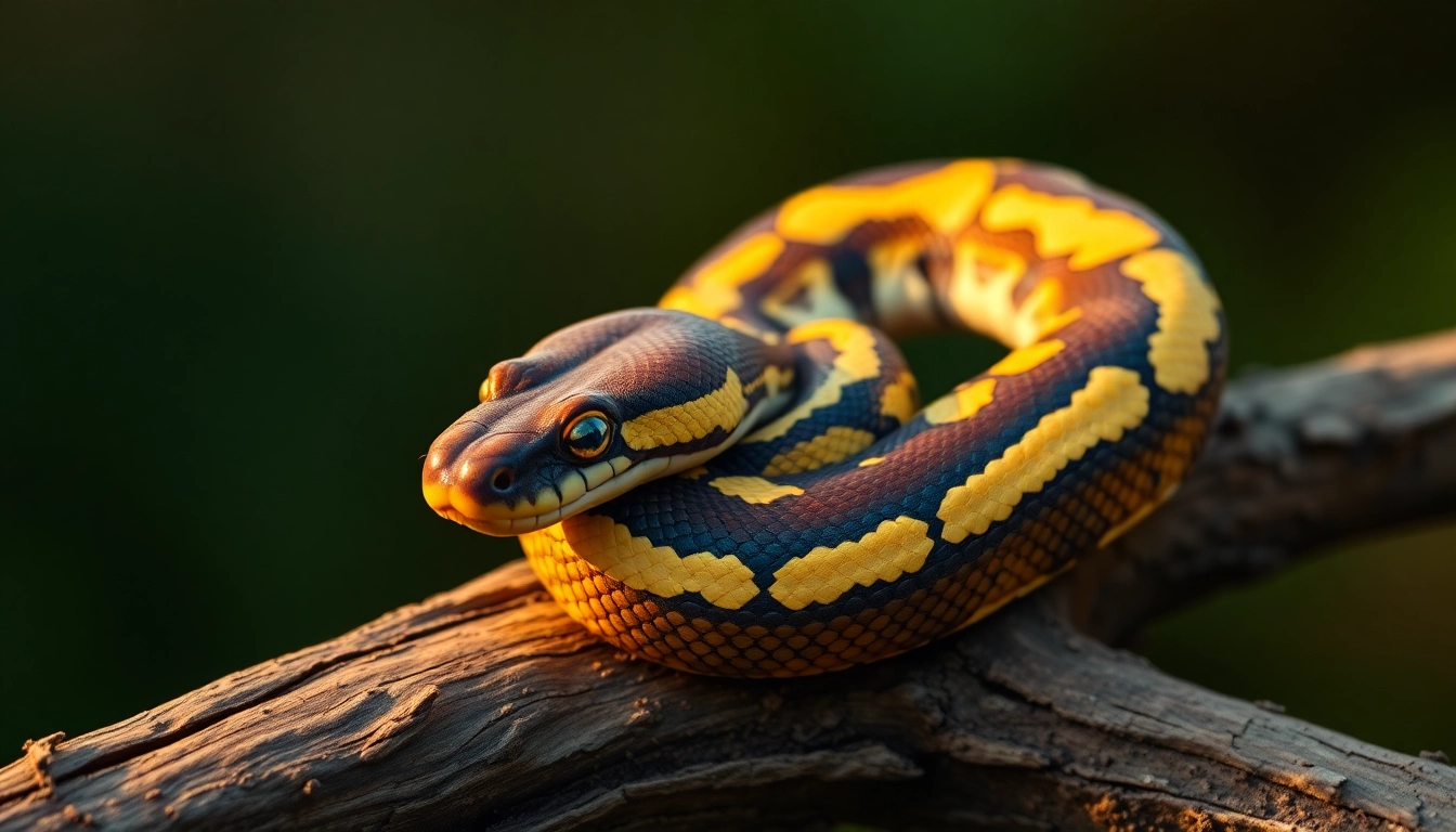 Captivating baby ball python basking on a branch, showcasing its beautiful golden and brown scales.