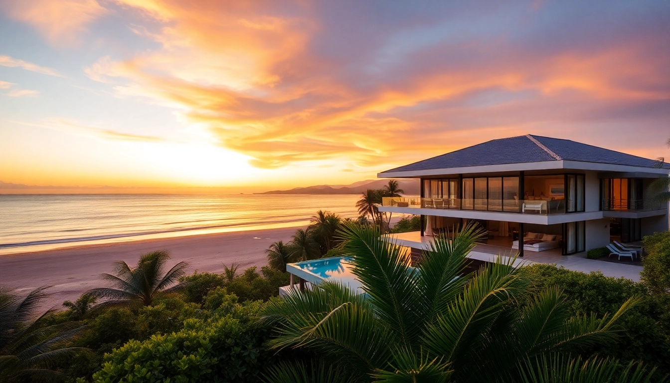 Luxurious villa saint martin with stunning ocean views basking in golden sunset light.