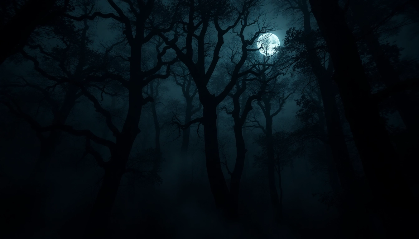 Engaging scene depicting the haunting atmosphere of HellHorror.com with dark forest and mist.