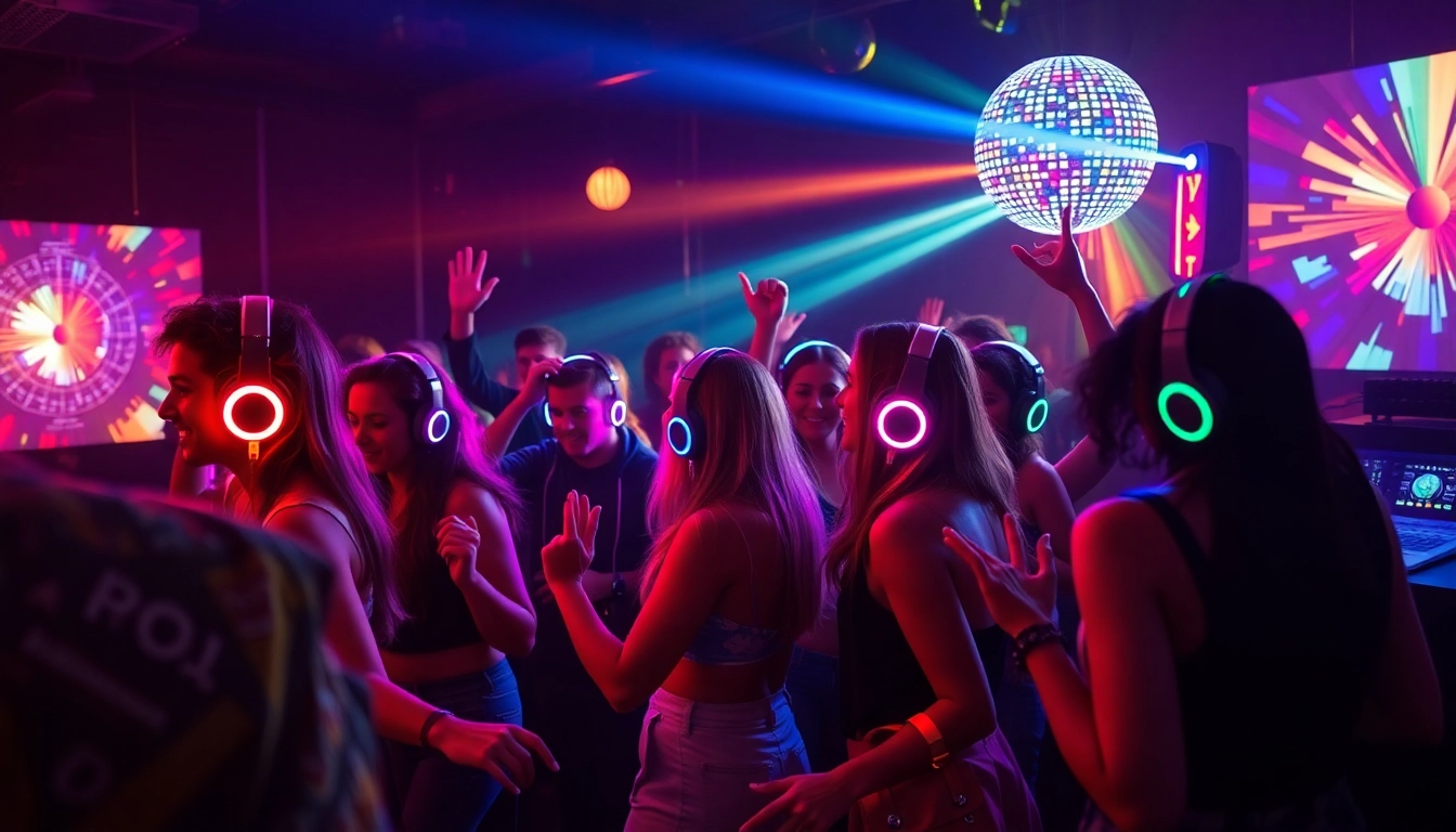 Celebrate a headphone party with guests dancing joyfully in LED headphones under vibrant lights.