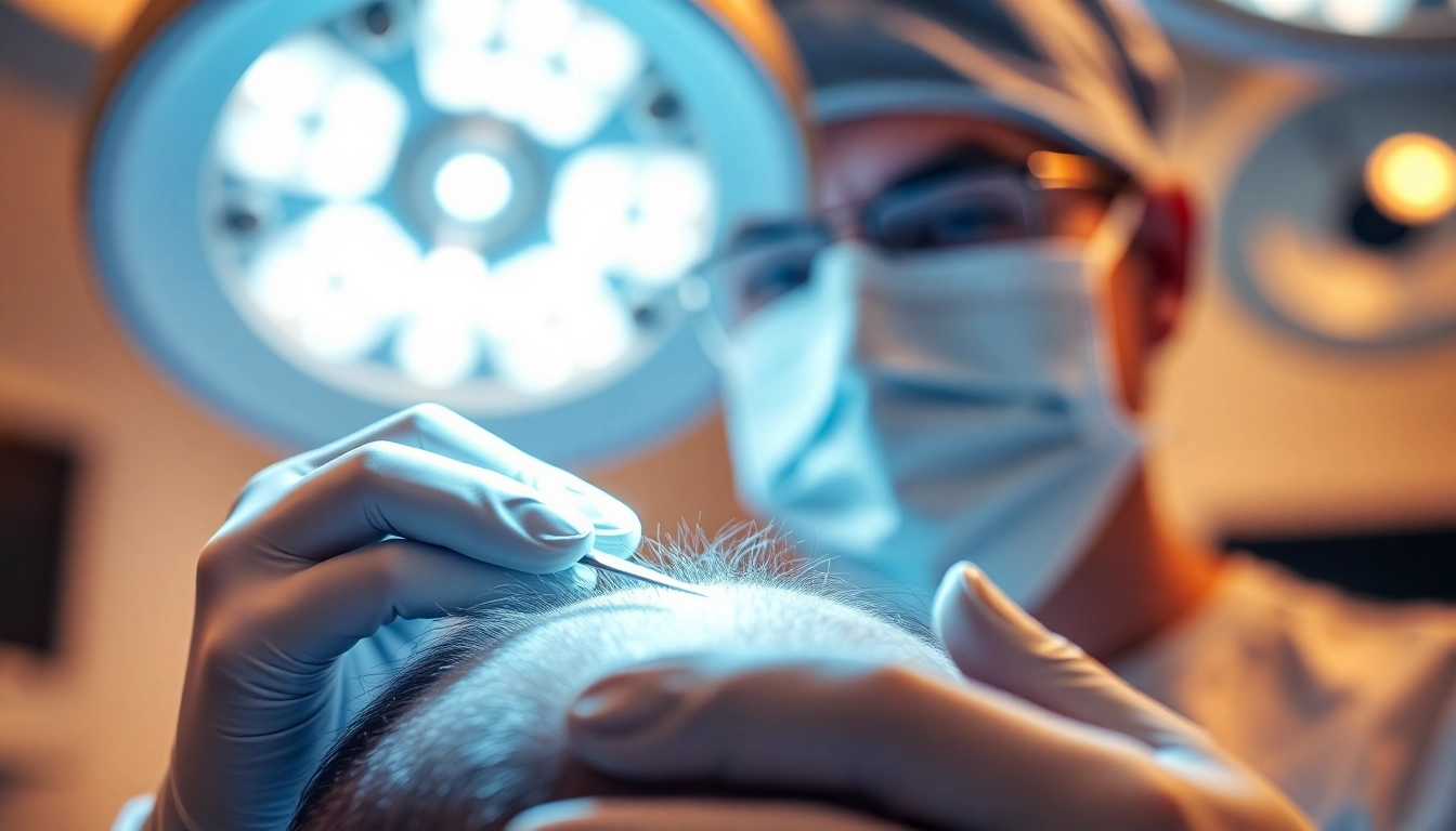 Surgeon expertly conducting a hair transplant procedure in a sterile environment.
