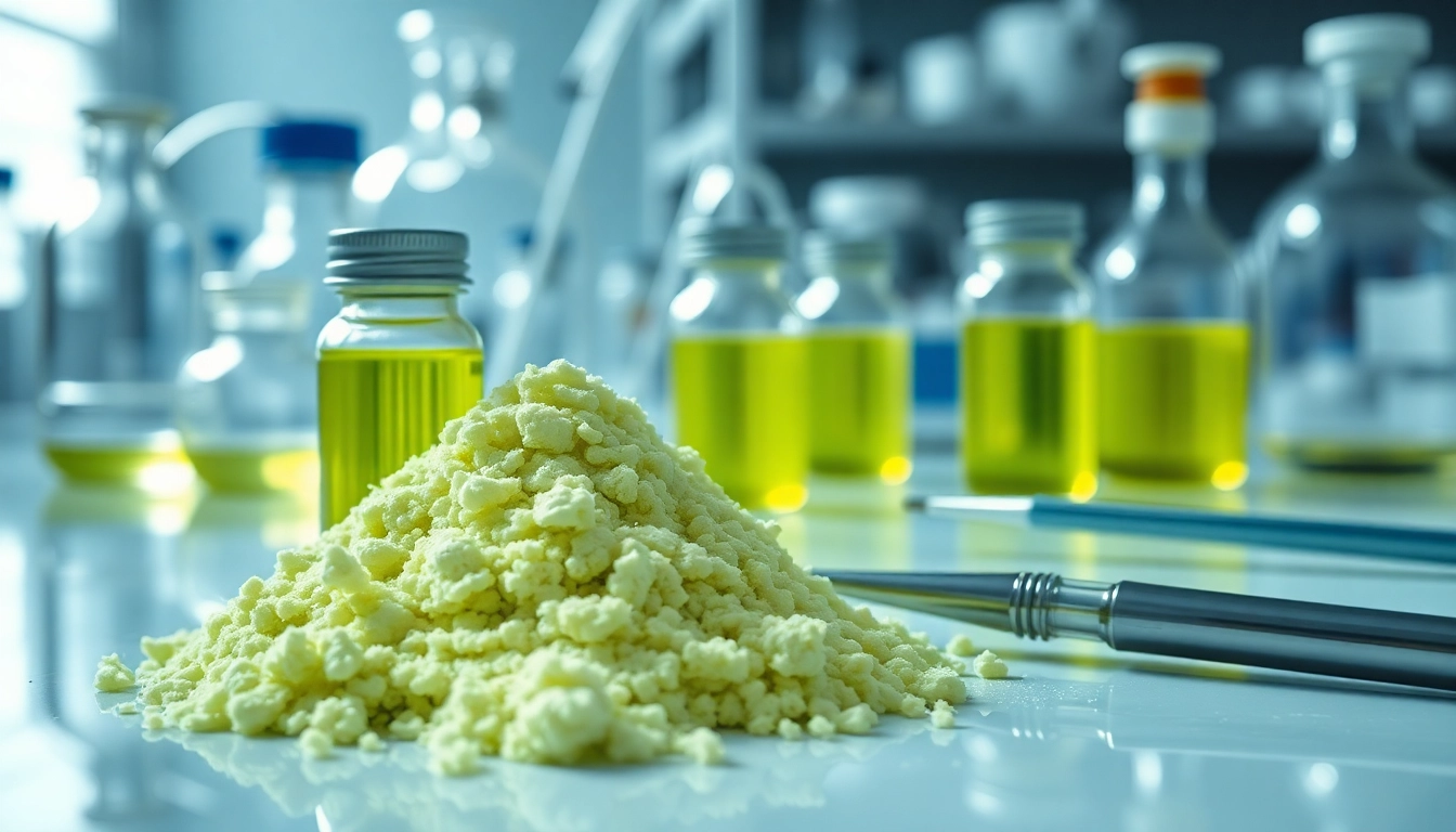 Showcase of 7 hydroxymitragynine bulk in vials and lab equipment for scientific research.