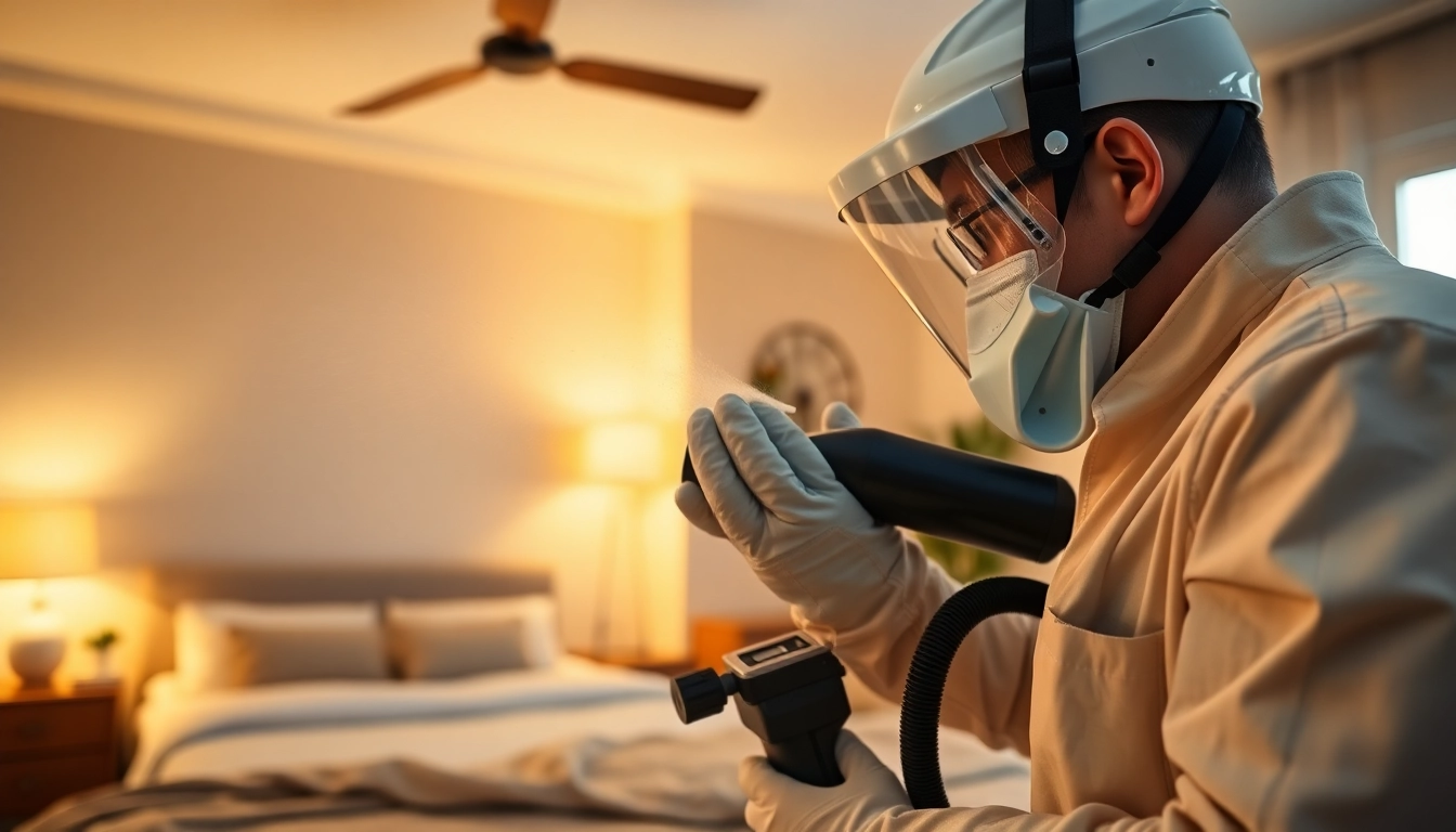 Effective bed bug pest control treatment by a professional in a tidy bedroom setting.