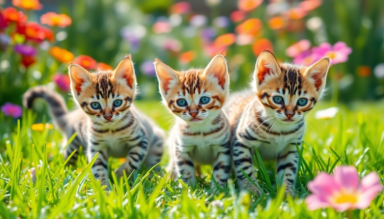Adorable Bengal Kittens for Sale frolicking in a lush garden, showcasing their unique patterns and playful spirits.