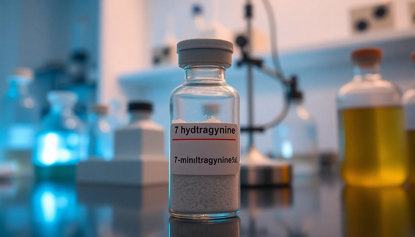Showcase 7 hydroxymitragynine bulk in a laboratory vial, emphasizing purity and quality in a clean setting.