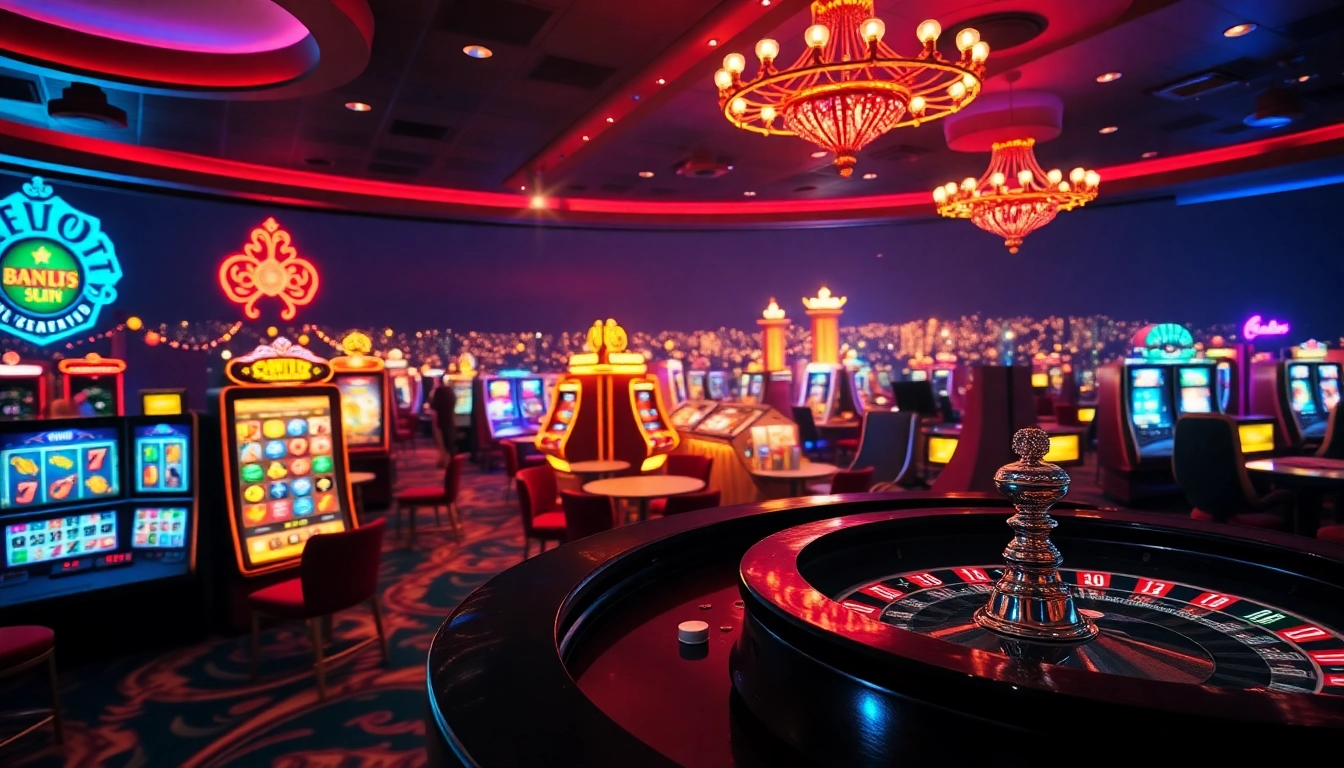 Experience the excitement at online casinos with vibrant lights and engaging gaming opportunities.