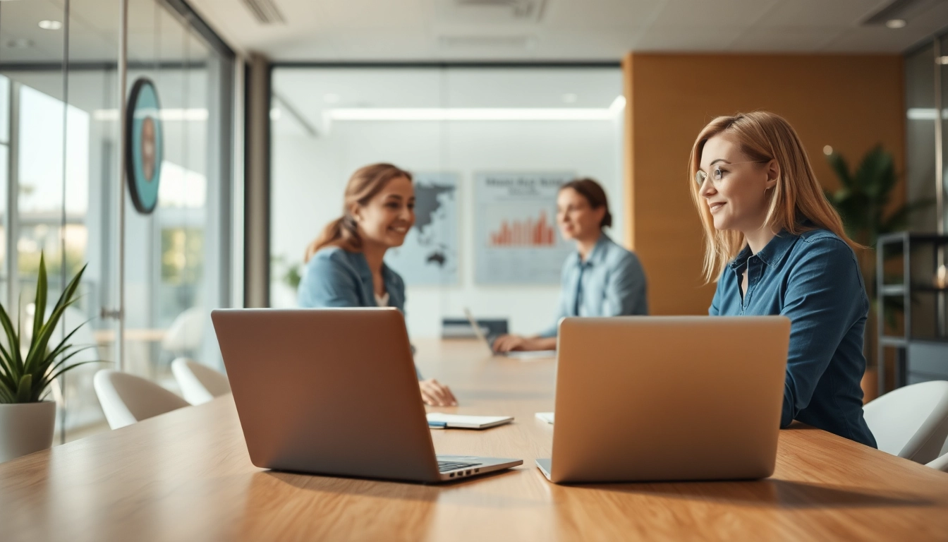 Marketing für Pflegedienste: Professionelle Büroumgebung mit engagierten Mitarbeitern und digitalen Geräten