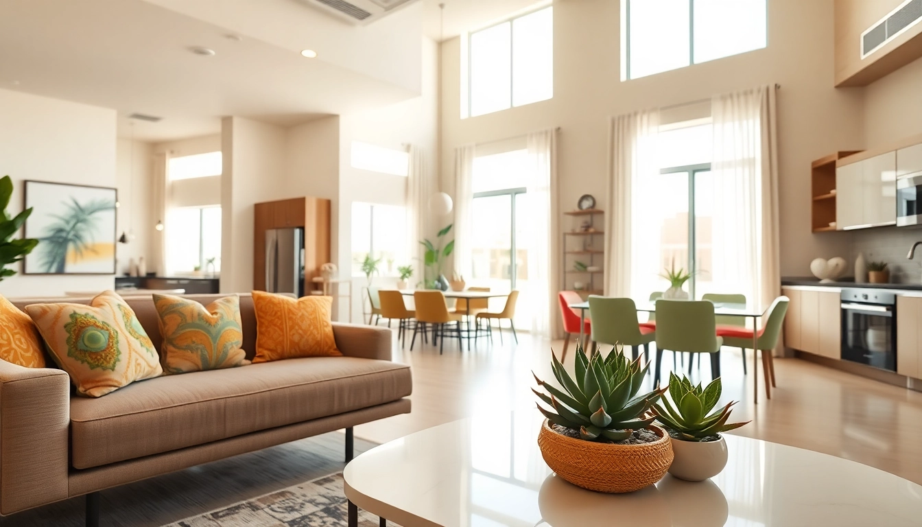 Discover a stylish living room in apartments in El Mirage, featuring modern decor and warm lighting.