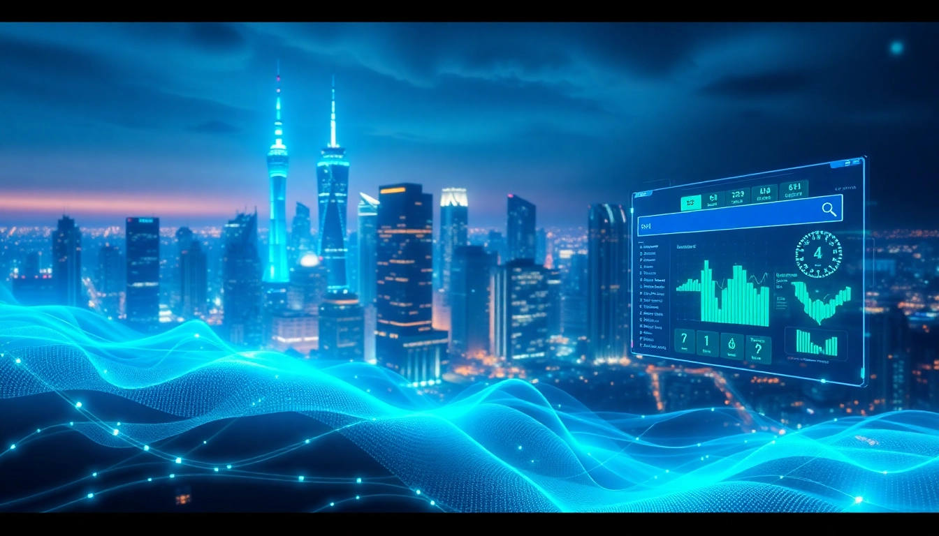 Visualize advanced AI search technology transforming web interactions with sleek interfaces and vivid data streams.