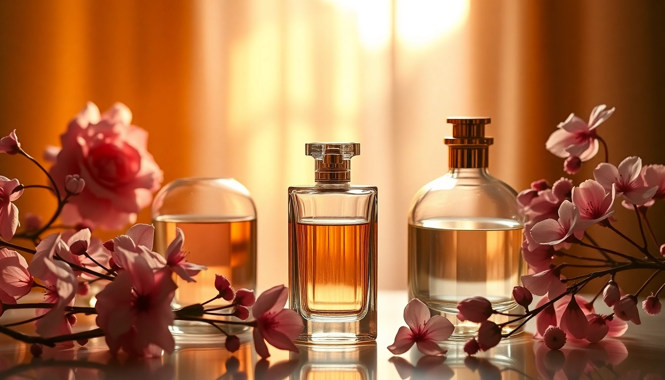 Inspirerend parfumflacon met bloemen en dromerige verlichting, weerspiegelt creativiteit.
