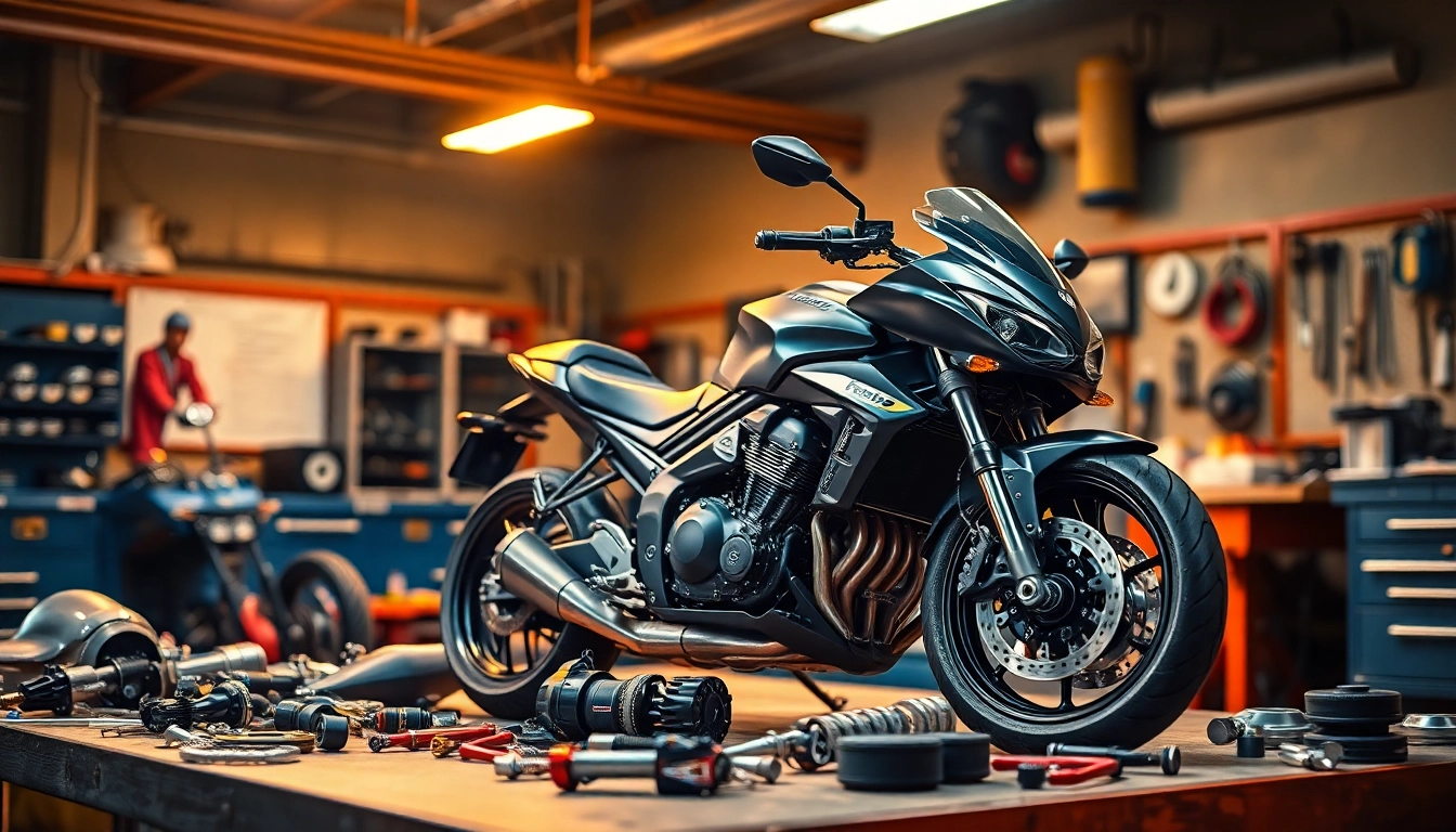 Enhance your motorcycle with high-quality Motorrad teile showcased in a dynamic workshop setting.