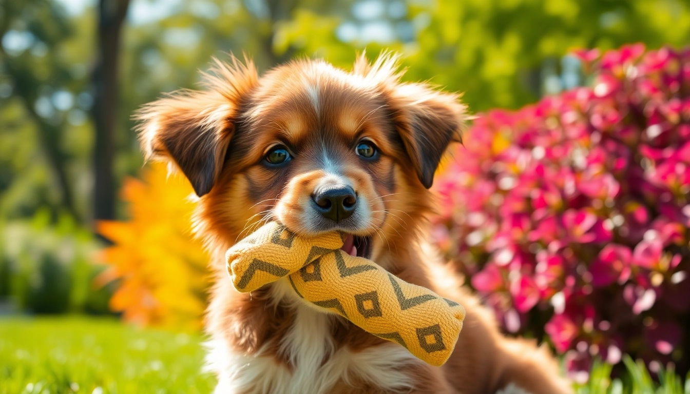 Puppy enjoying a soft chew toy outdoors, showcasing bright colors and playful energy.