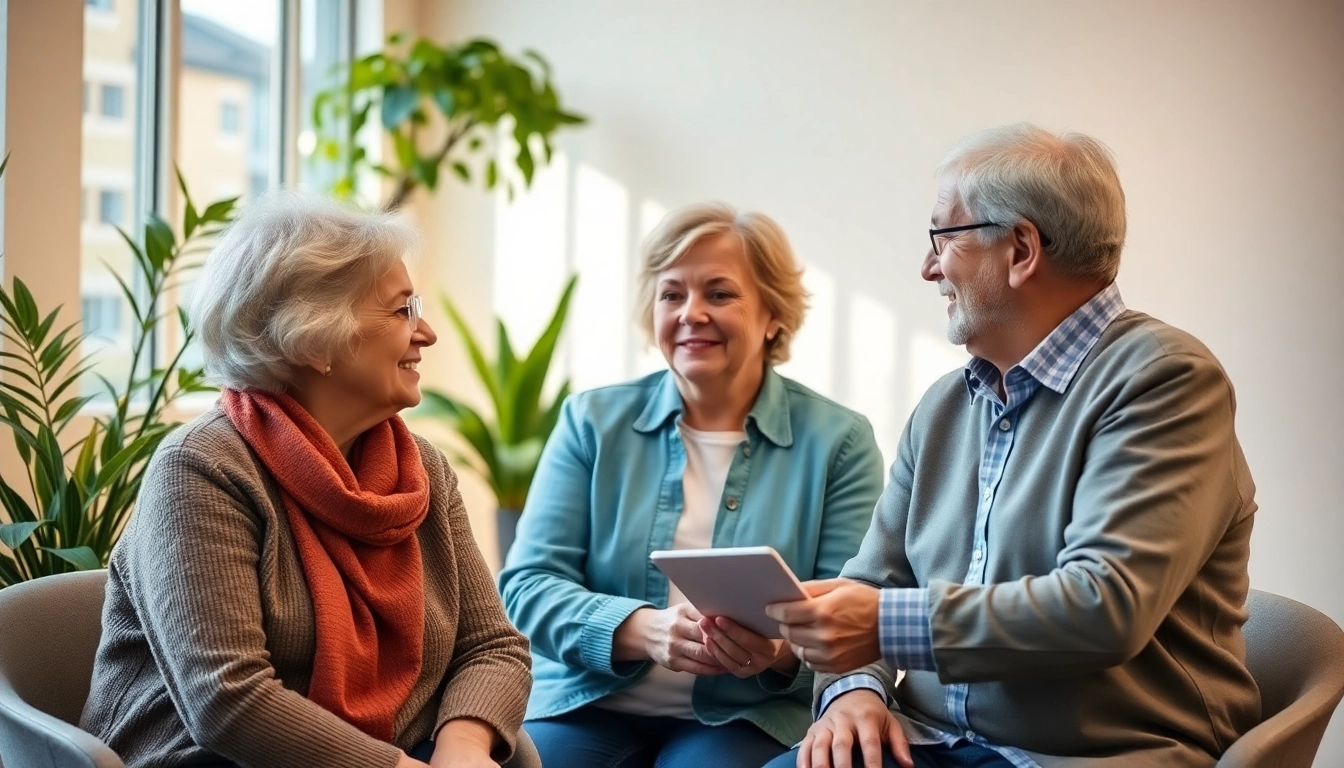 Berater bietet pflegeberatung köln an, während er einem älteren Paar wertvolle Informationen gibt.