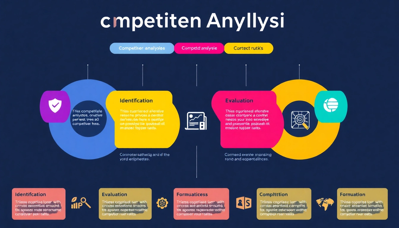 Illustration of competitor analysis process, highlighting identification, evaluation, and strategy steps.