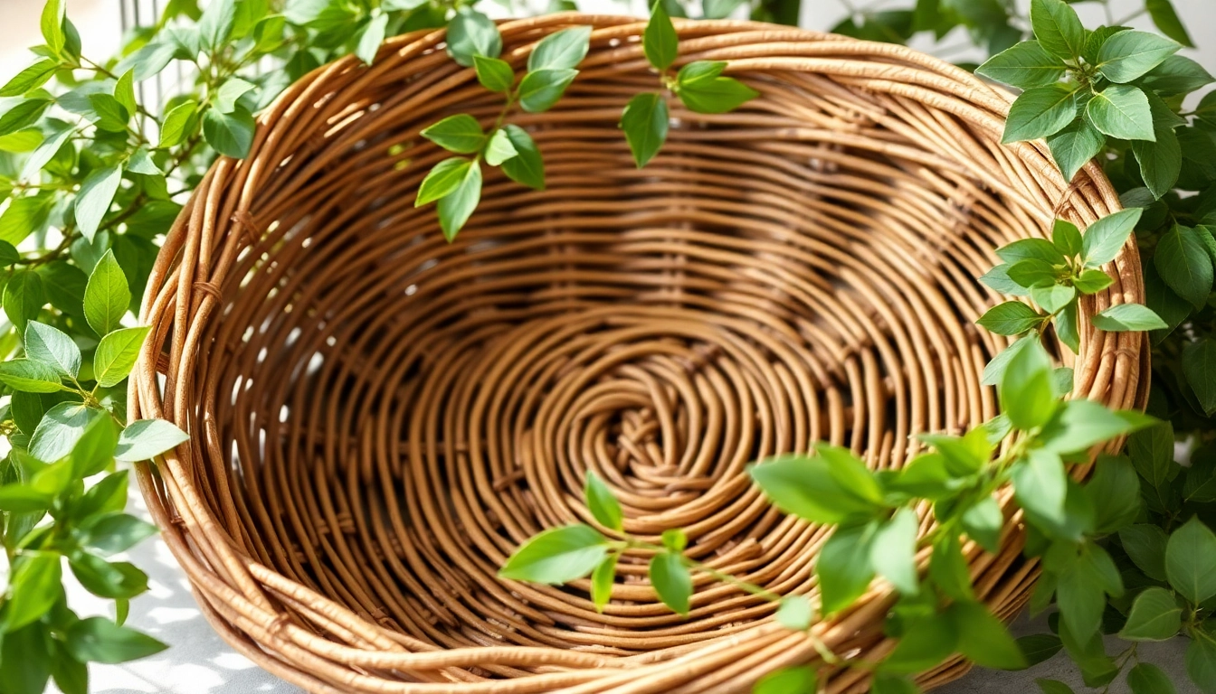Handcrafted willow baskets manufacturer showcases a beautifully woven basket in a natural setting.