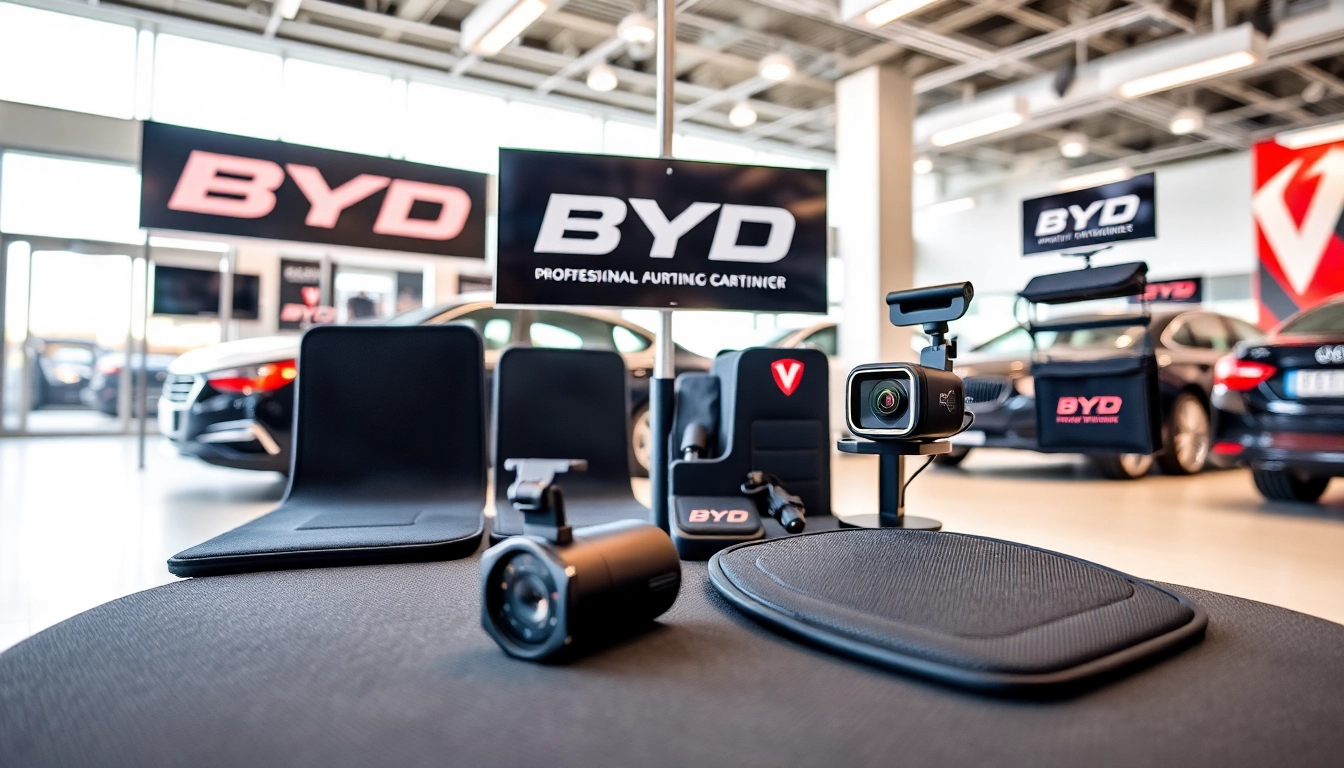 Showcase of high-quality byd car accessories like floor mats and dash cams in a modern showroom.