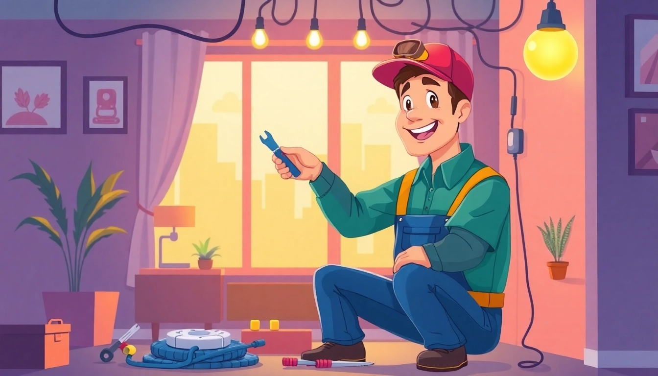 Local electrician near me fixing wiring in a bright residential space, showcasing expertise and professionalism.