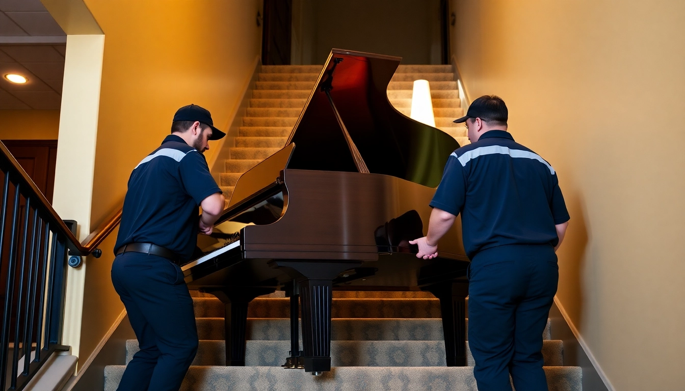 Piano movers skillfully transporting a grand piano with care and expertise.