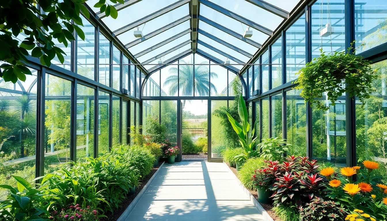 Showcase the green houses with a bright and appealing glass greenhouse surrounded by flourishing plants.