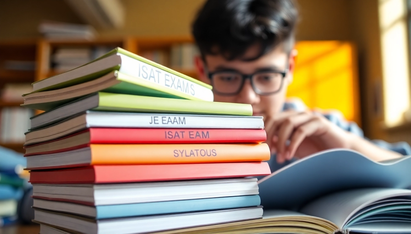 Student reviewing ISAT EXAM syllabus books with focus and determination.