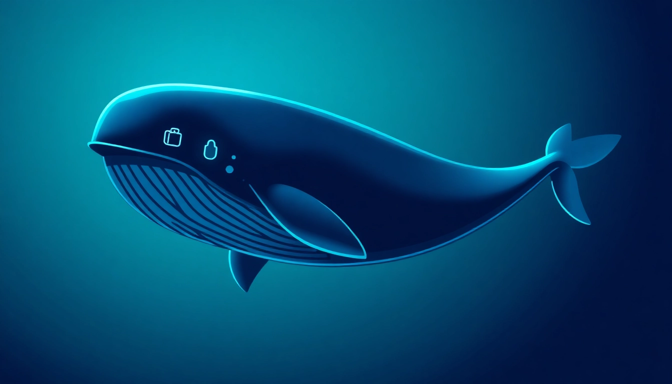 Visualize a Whale wallet tracker amidst a digital ocean, showcasing secure crypto transactions.