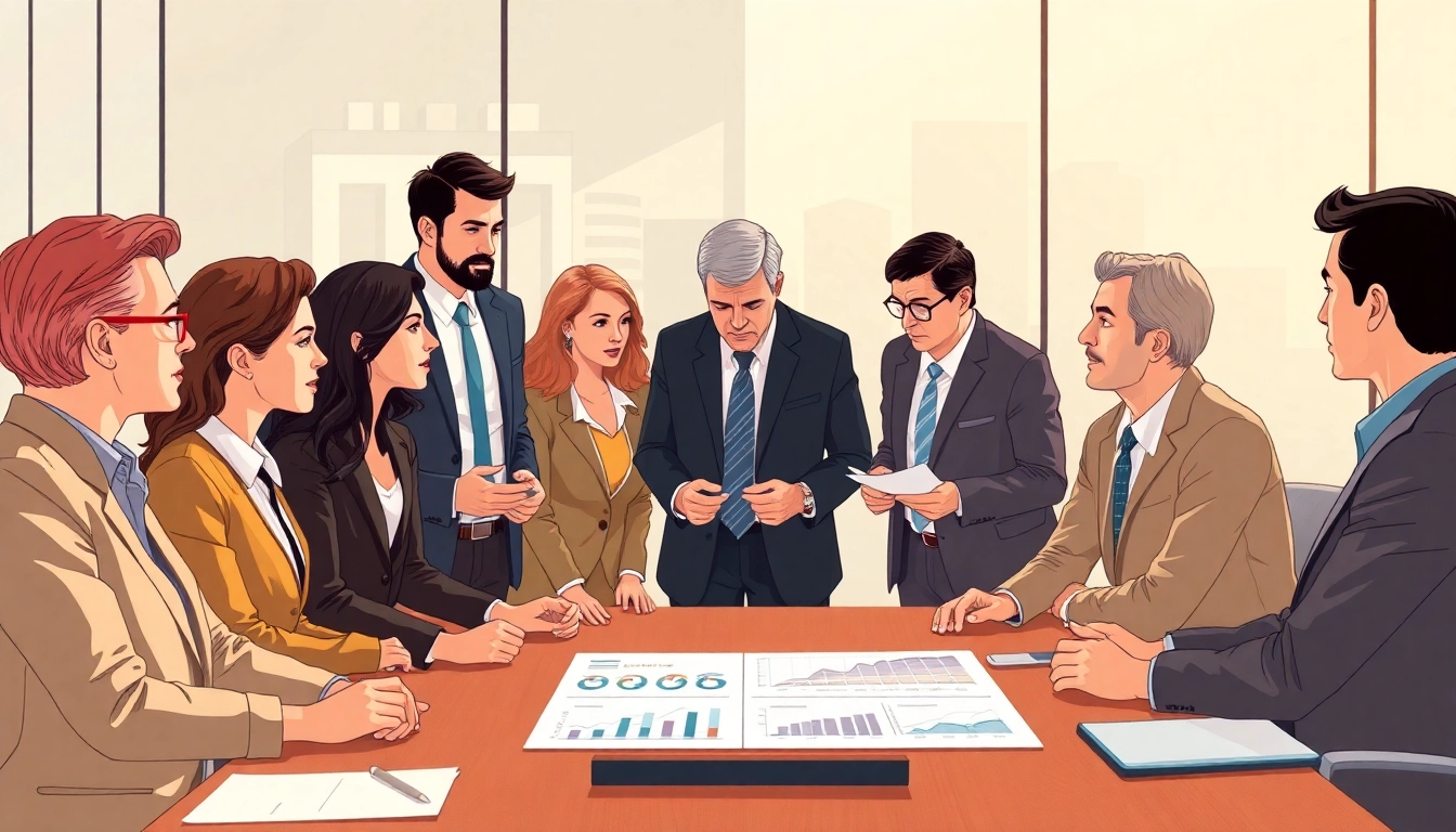 Mergers and acquisitions advisor discusses strategies in a professional meeting environment with diverse team.