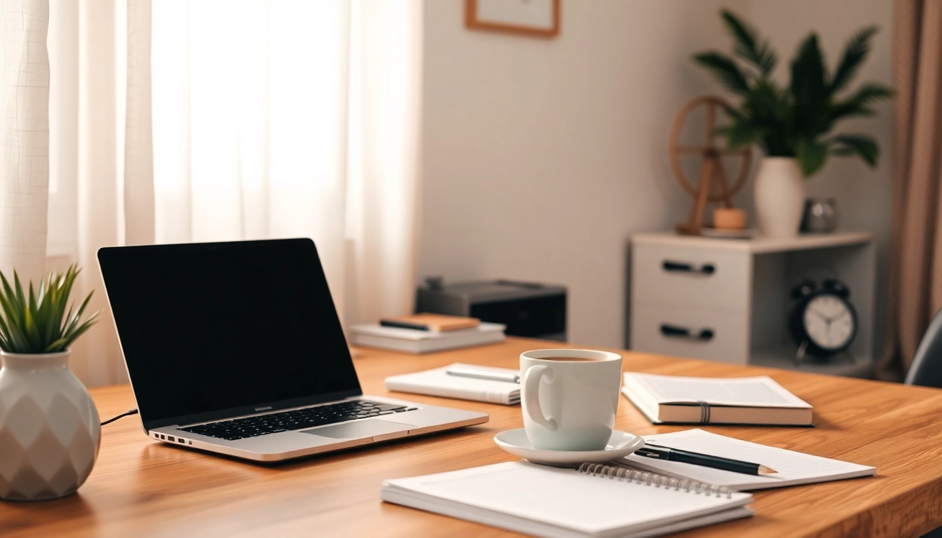Freelance bookkeeping tasks performed in a tranquil home office with a laptop and coffee.