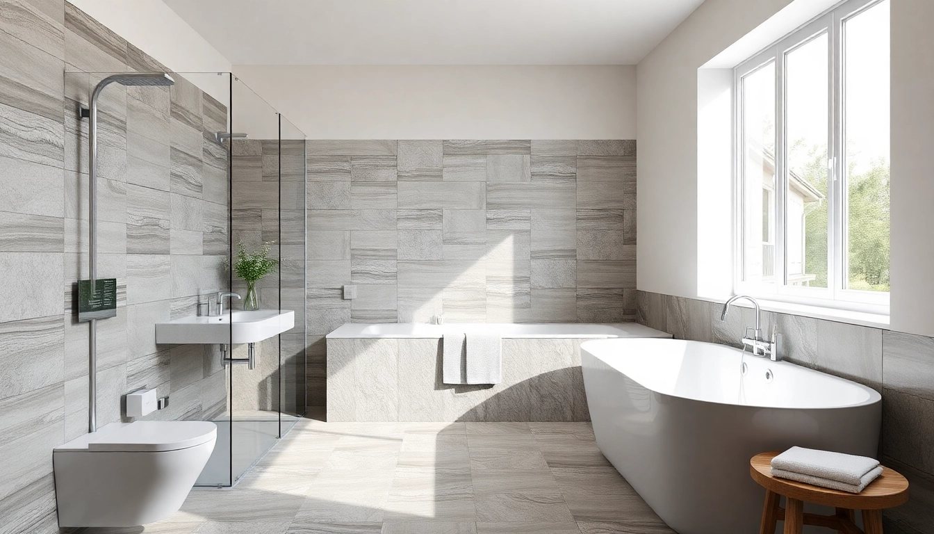 Bathroom fitters Worsley installing stylish tiles in a contemporary bathroom renovation project.