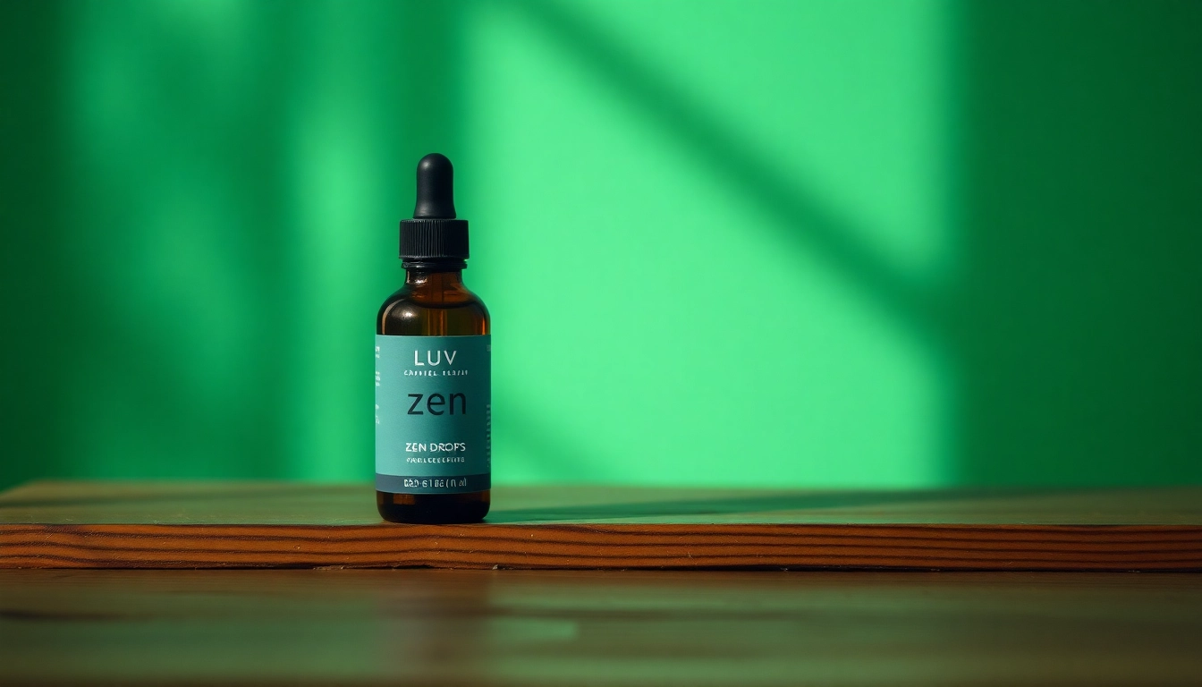 LUV Zen Drops relaxing supplement bottle resting on a wooden table, surrounded by nature.