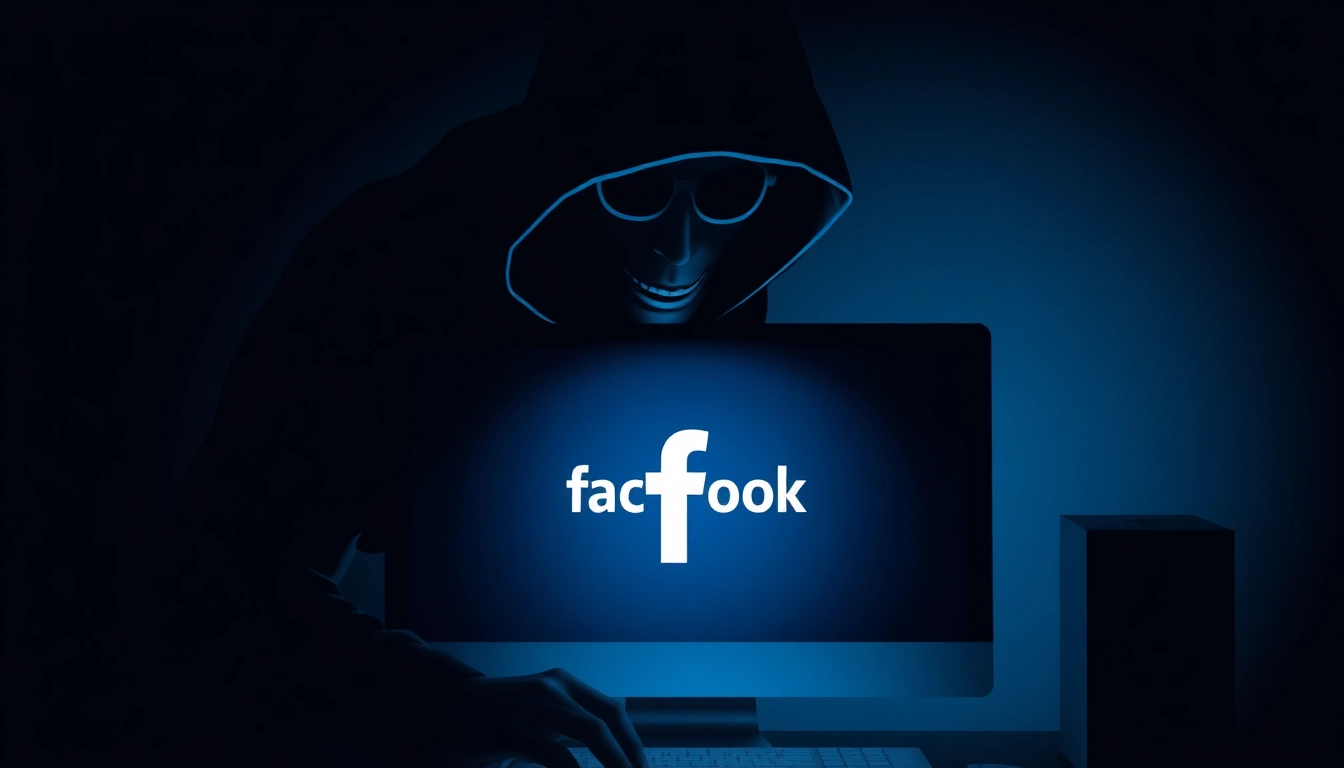A hacker silhouette manipulates a computer screen displaying the Facebook logo, representing the growing threat of facebook hackers.