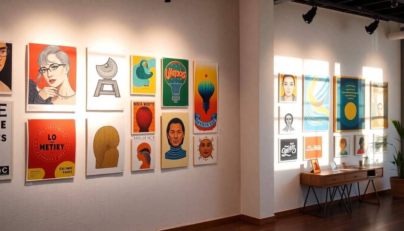Engaging posters and prints showcasing vibrant designs and artwork on a stylish gallery wall.