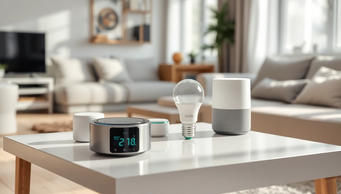Showcase the best smart home gadgets like a sleek thermostat, smart bulb, and voice assistant in an inviting setting.